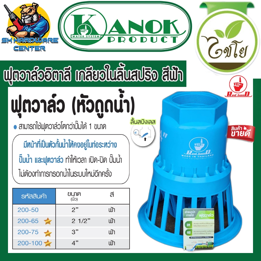 หัวกระโหลก ฟุตวาล์วอิตาลี เกลียวในลิ้นสปริง PVC สีฟ้า มีขนาด 2 - 4 นิ้ว ยี่ห้อ RED HAND BY KANOK PRODUCTS