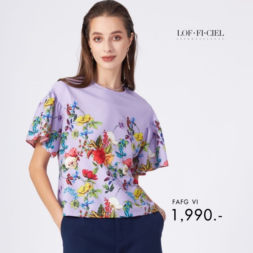 LOF-FI-CIEL Woman blouse Rose Quart Round neck ruffle sleeve short เสื้อผู้หญิง แขนสั้น ทรงหลวม สีม่วง FAFGVI