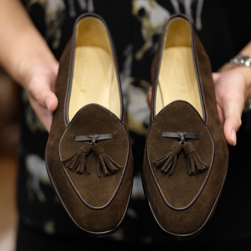 British รองเท้าหนัง Tassel Belgian Loafer Shoes Suede (Brown)