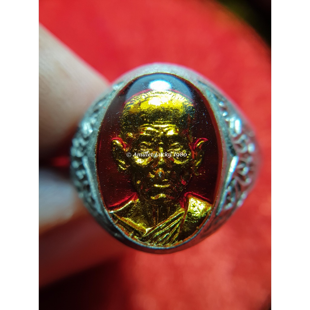 แหวนอัลปาก้า ลงยาสีแดง หลวงพ่อตาบ วัดมะขามเรียง สระบุรี รุ่น ๒ ปี ๒๕๓๑