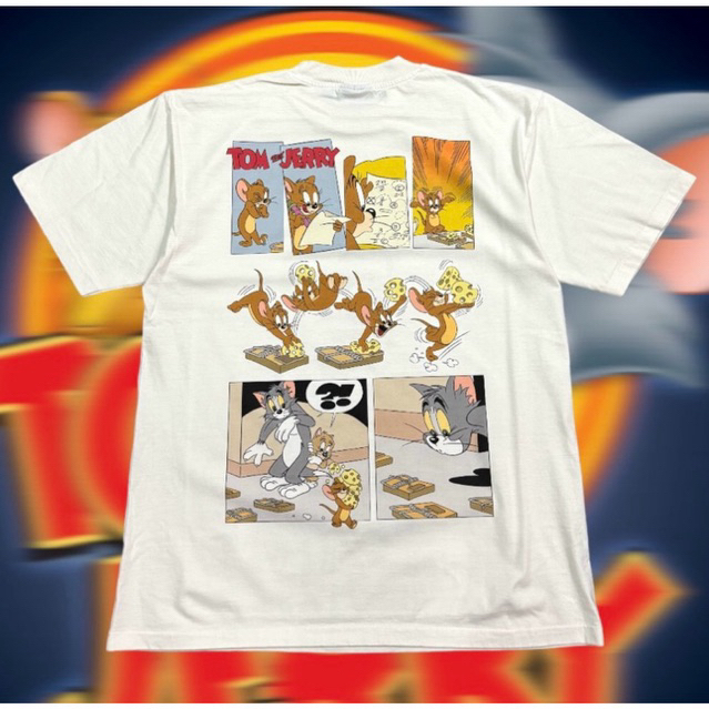 เสื้อยืดคอฟิต รุ่น Tom & Jerry สีเฟดขาว/สีขาว สไตล์วินเทจ #DTG
