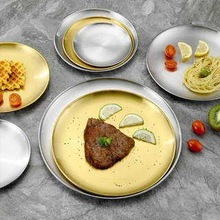 Alechaung จานเกาหลี 1ใบ Stainless steel plate ถาดสแตนเลส จานสแตนเลสเกาหลี ขนาด 14ซม. 17ซม. 20ซม. 2ซม. 30ซม.