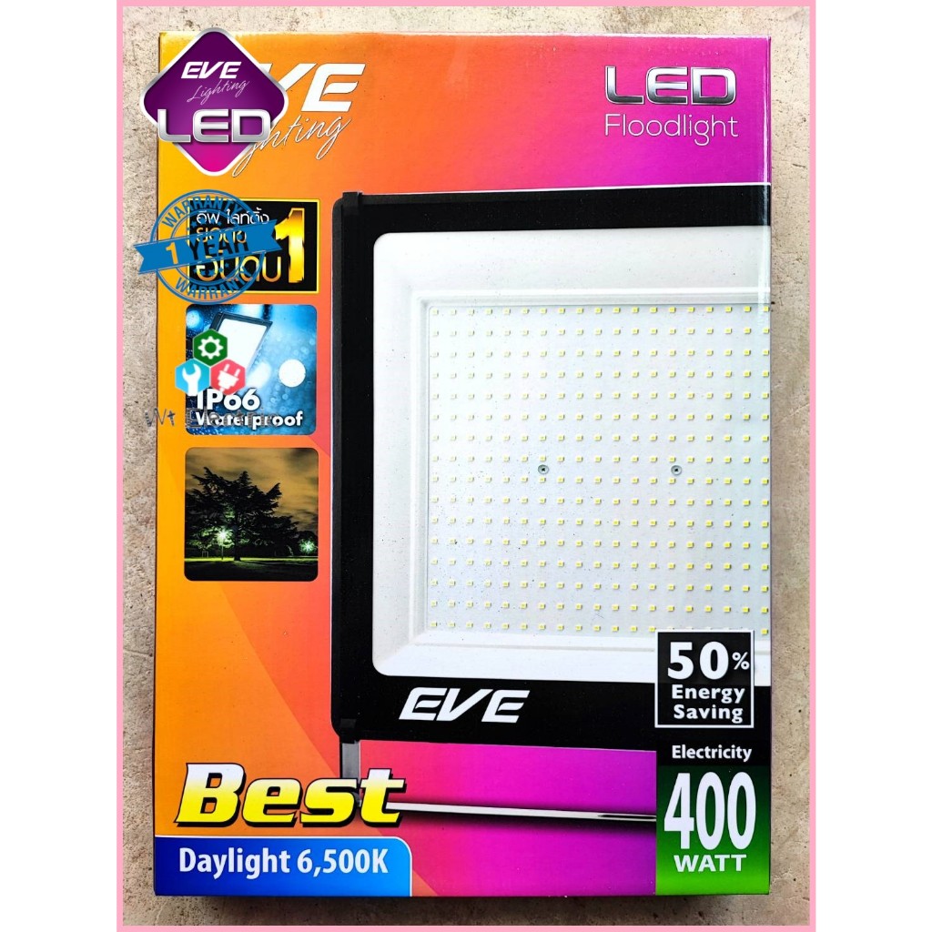 EVE โคมฟลัดไลท์ สปอร์ตไลท์ โคมไฟสปอร์ตไลท์ LED 400W 34,000lm IP66 กันน้ำกันฝุ่น แสงขาว ทรงใหม่ สลิมกว่าแต่สว่างกว่าเดิม