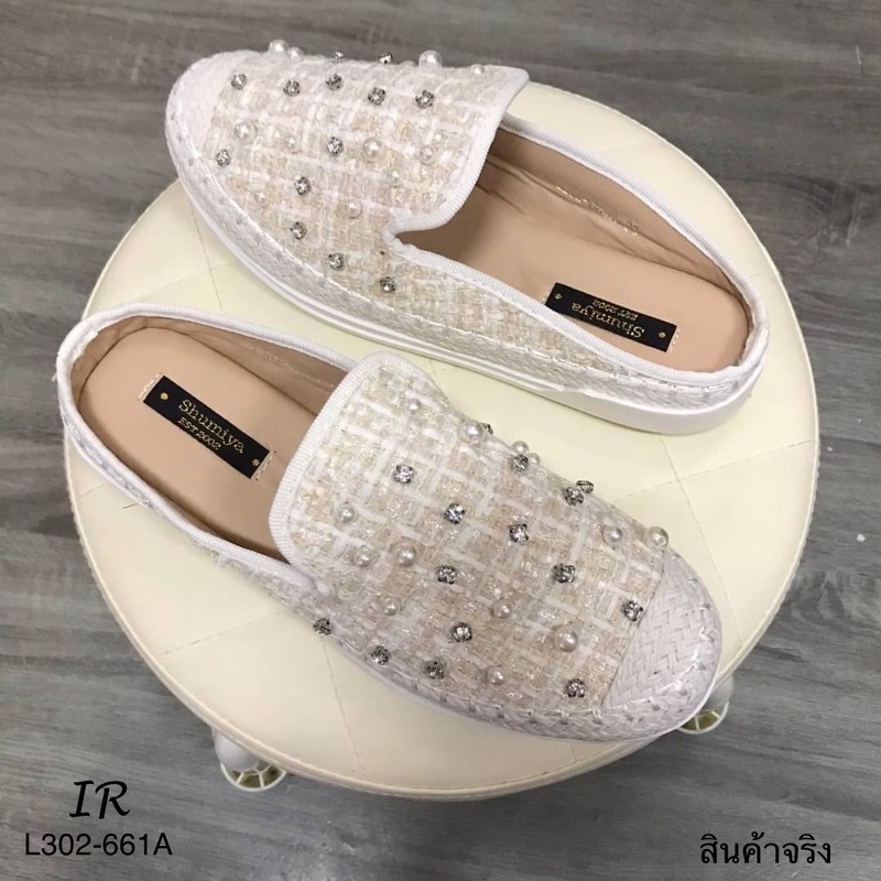 L302-661A รองเท้าเปิดส้น พื้นนิ่ม อะไหล่ไข่มุก งานเย็บทุกเม็ด