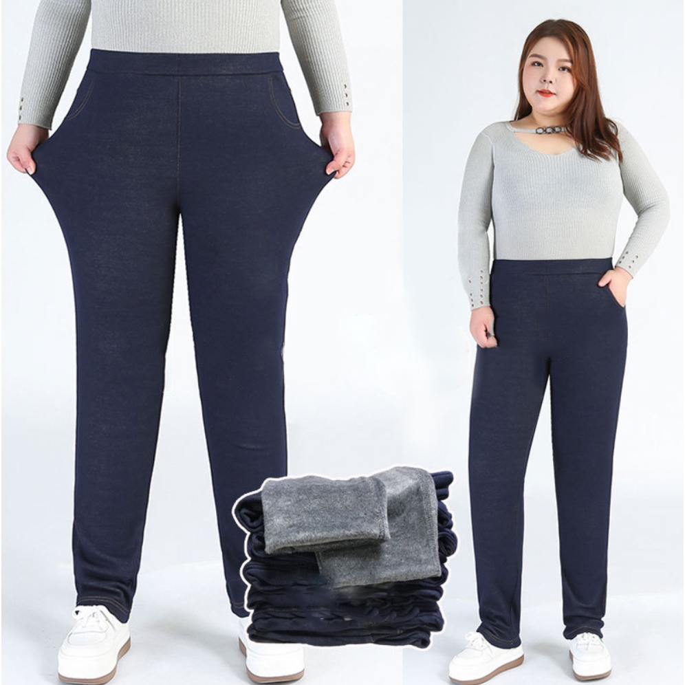 1434 ♡พร้อมส่ง♡ สกินนี่วูล บุขน PLUS SIZE ดีเทลทอสีสไตล์ผ้ายีนส์ กระเป๋าหน้า-หลัง ใช้งานได้จริง