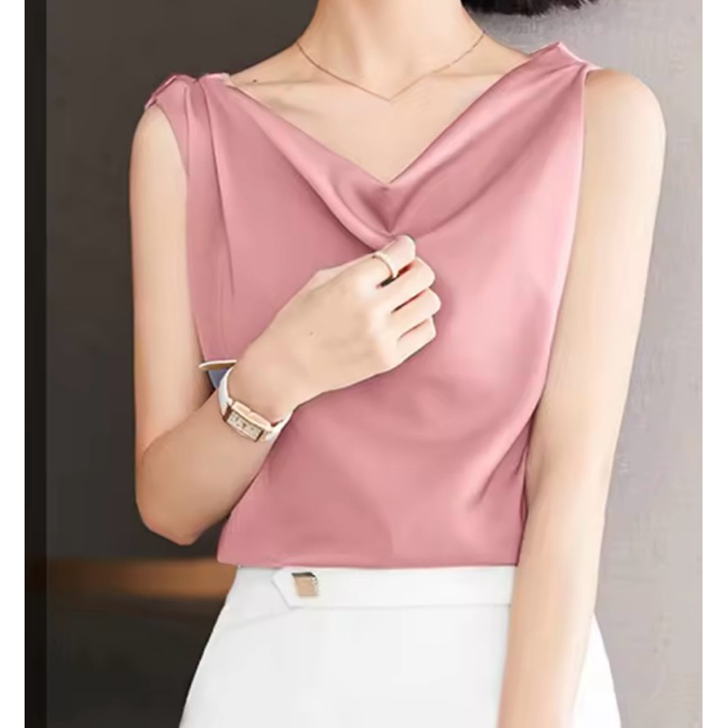 เสื้อสีชมพูปขนกุด ผ้าซาติน คอถ่วง งานป้าย ZENZEA