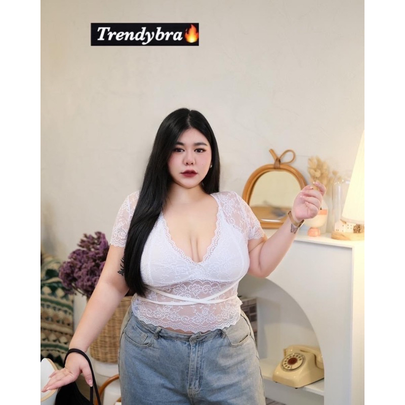 เสื้อลูกไม้คอวี เสื้อลูกไม้ซีทรู แต่งสายผูกไขว้เอว