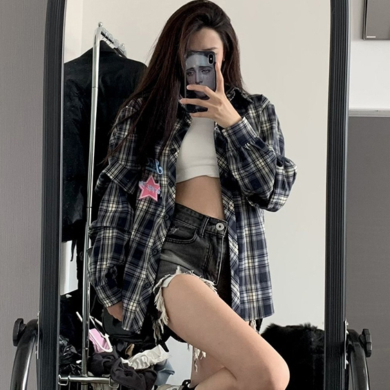 🍑สินค้าถ่ายจากภาพจริง🍑 LK2039 เสื้อลายสก๊อต​โอเวอร์ไซส์ free size สำหรับผู้หญิงคอปก ลำลอง พร้อมส่ง อก48 สีดำ