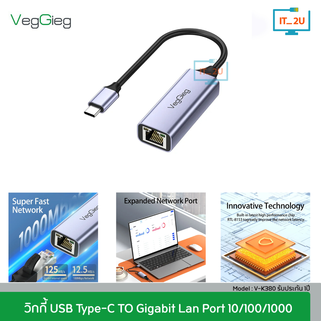 Veggieg Converter Type-C 3.0 To Gigabit Lan Adapter /RJ-45/แปลง USB Type-C เป็น Lan 1000Mbps (V-K308)