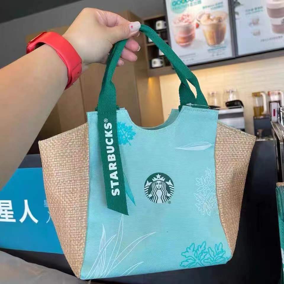 Starbucks กระเป๋าช้อปปิ้ง ผ้าแคนวาส แบบพกพา สําหรับใส่กล่องอาหารกลางวัน-lan-1