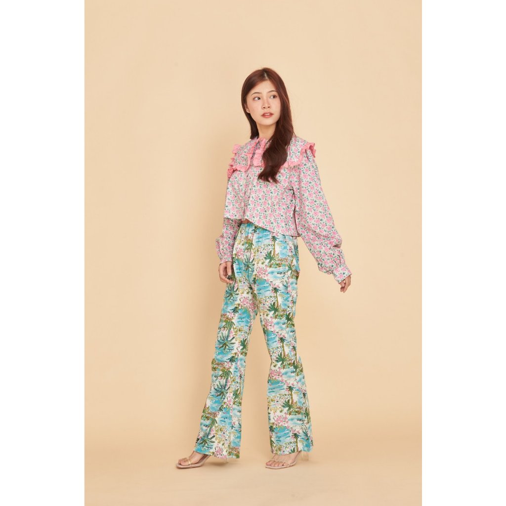 pizza outfit เชิ้ตปกใหญ่ ลายดอกไม้ แต่งระบายชมพู