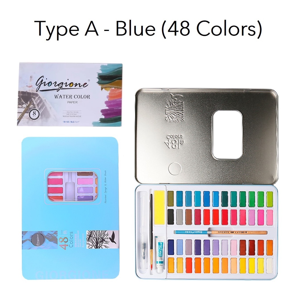 GIORGIONE สีน้ำ เซ็ทใหญ่ 48 สี Watercolour Basic Set ชุดสีน้ำกล่องเหล็กสีดำ สีน้ำตลับ พร้อมพู่กัน พู่กันแท้งค์ No.G-4800