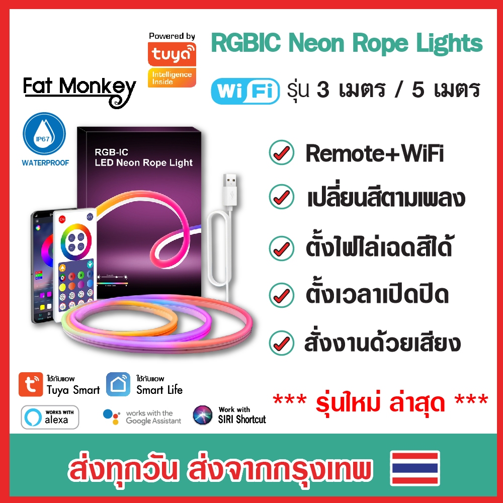 Tuya WiFi RGBIC Neon Rope 3m, 5m ไฟสายยางนีออน เปิดปิด เปลี่ยนสีแบบต่างๆผ่านแอปหรือสั่งงานผ่านรีโมท