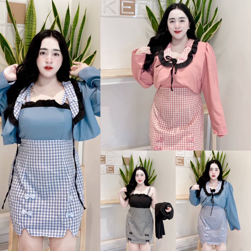 P9-S3S2🌸 เดรส+คลุม คลุมเนื้อผ้าซาร่า เดรสสก็อตเสริมฟองน้ำอก ซิปซ่อนหลังง เนื้อผ้าคอตต้อนทอ งานแบ๊วๆน