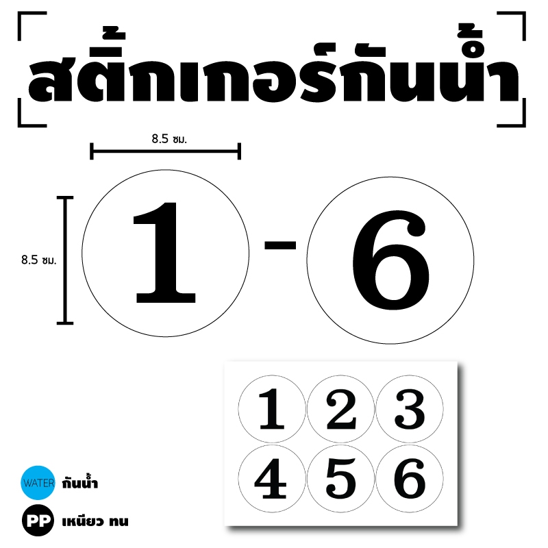 สติกเกอร์ เลขสติ๊กเกอร์วงกลม ตัวเลข (ป้ายตัวเลข) ขนาด 8.5cm 1 แผ่น ได้รับ 6 ดวง (พื้นขาวเลขดำ) [รหัส H-095]