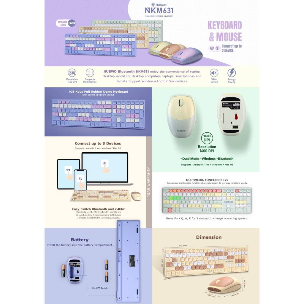 (NKM631) Bluetooth Keyboard and Mouse (NKM631) Green -purple -yellow NUBWO