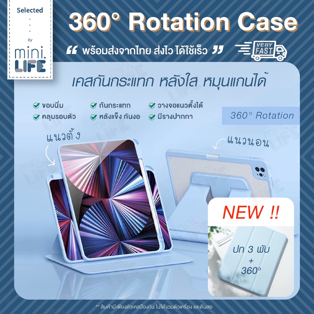 【 พร้อมส่ง 】เคส สำหรับ ไอแพด หมุน 360° rotation 3 พับ แนวตั้ง นอน หลังใส กันงอ clear case for ipad Pro Air 6 11 13
