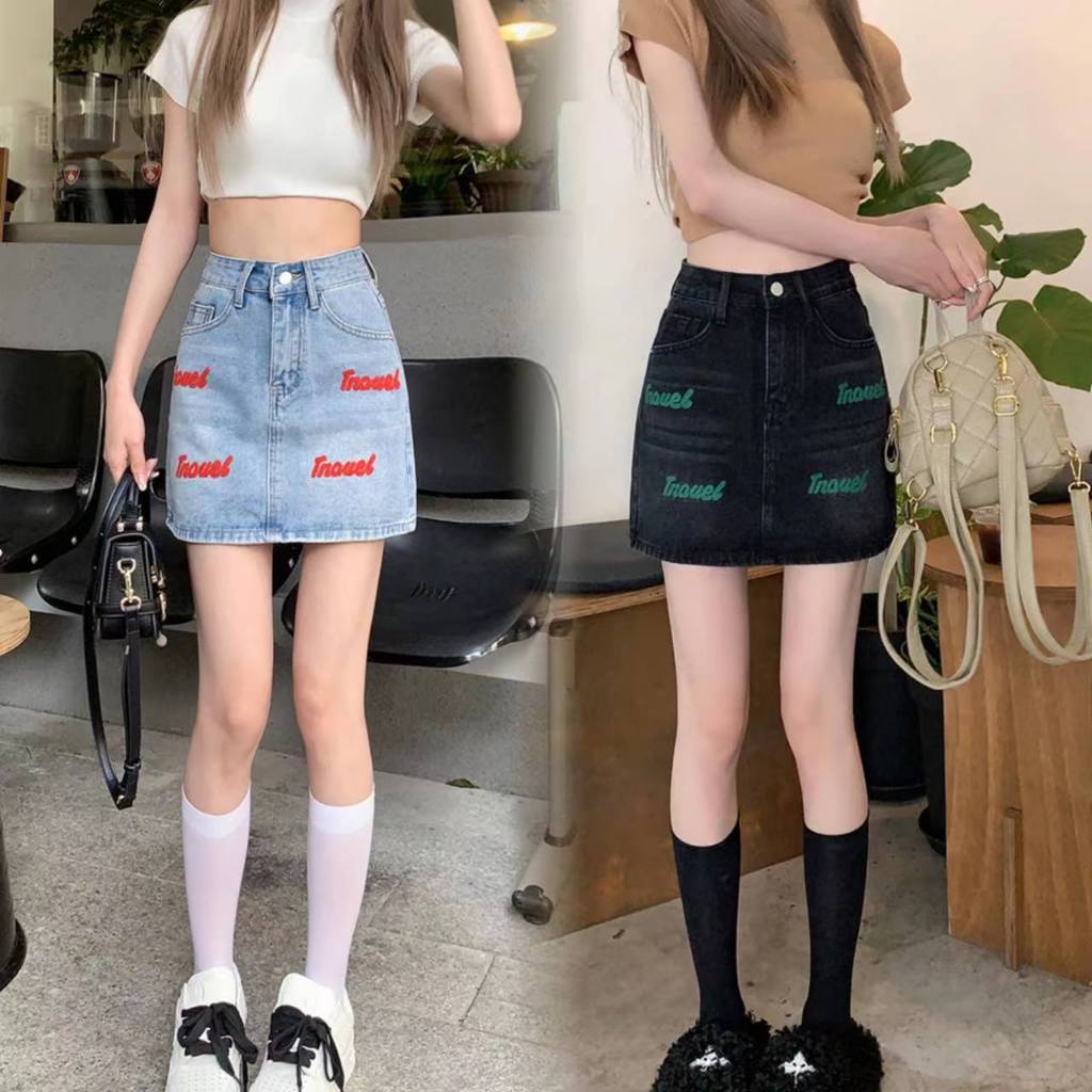 TAIWEI กระโปรงยีนส์ ทรงเอ เอวสูง ปักลายตัวอักษร สไตล์เกาหลี  กระโปรงยีนส์แฟชั่น #1618