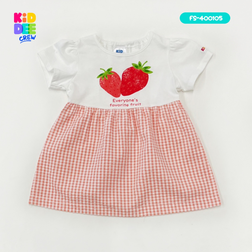 KiddeeCrew ชุดกระโปรงเด็กสีครีมขาวสตรอเบอร์รี่ สก็อตส้ม เหมาะสำหรับอายุ 1-10 ปี