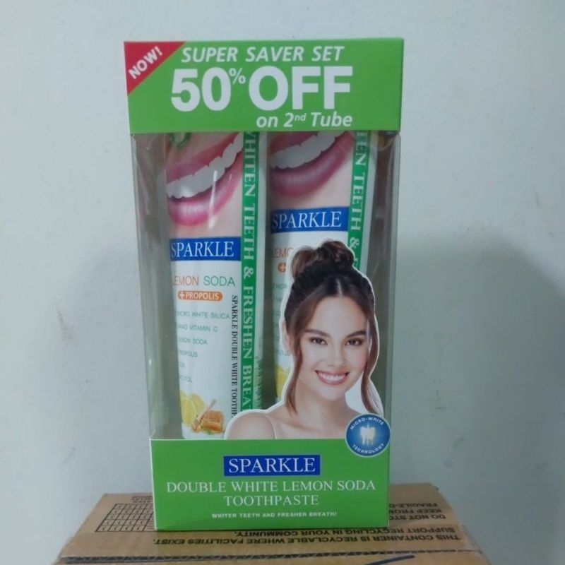 Sparkle double lemon soda white toothpaste ยาสีฟัน 100g. 2 หลอด(2×100g.)exp 09/25