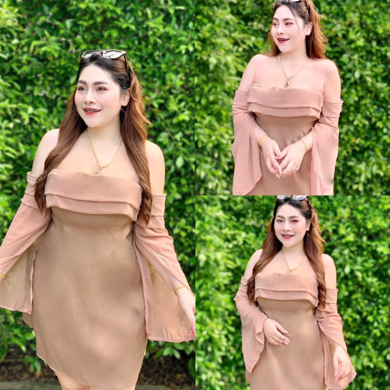 NT632 เดรสออกงาน คาเฟ่ ทะเล ซาร่าพริ้วแขนชีฟองผ่า สาวอวบ