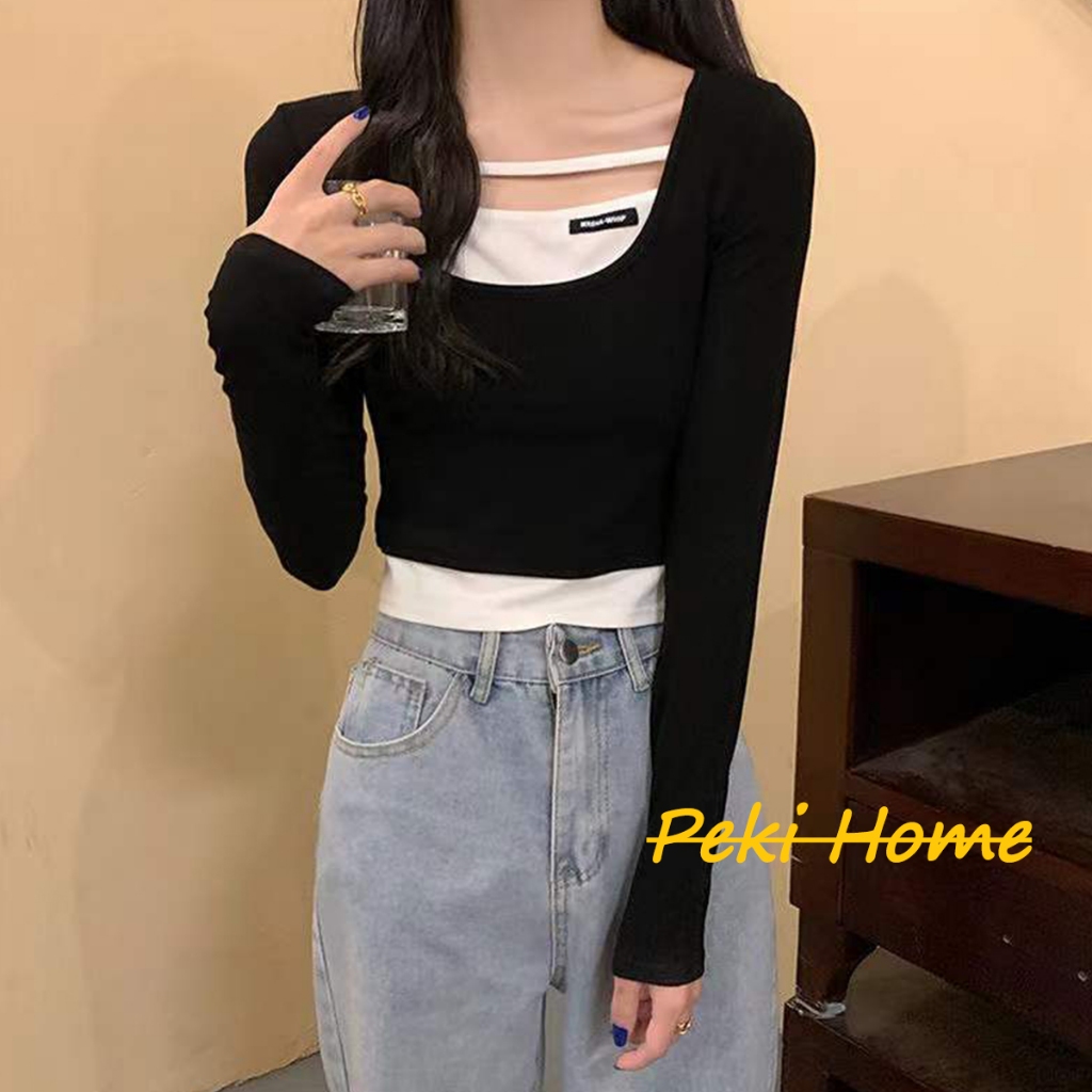 เสื้อครอปแขนยาว เเต่งซับใน สไตล์เกาหลี