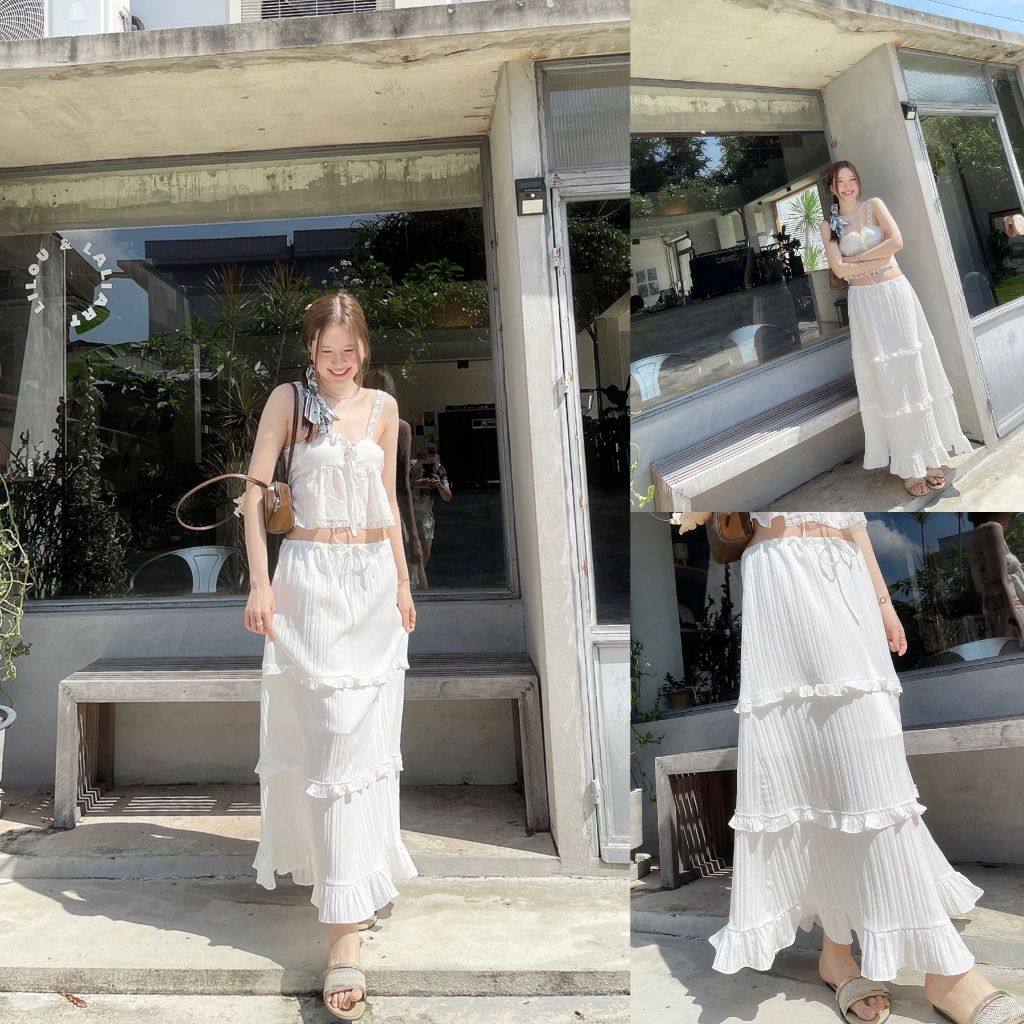 SLYQ LILY STRIPE TIE WAIST MAXI SKIRT กระโปรงยาวสีขาวผูกเอวแต่งระบาย