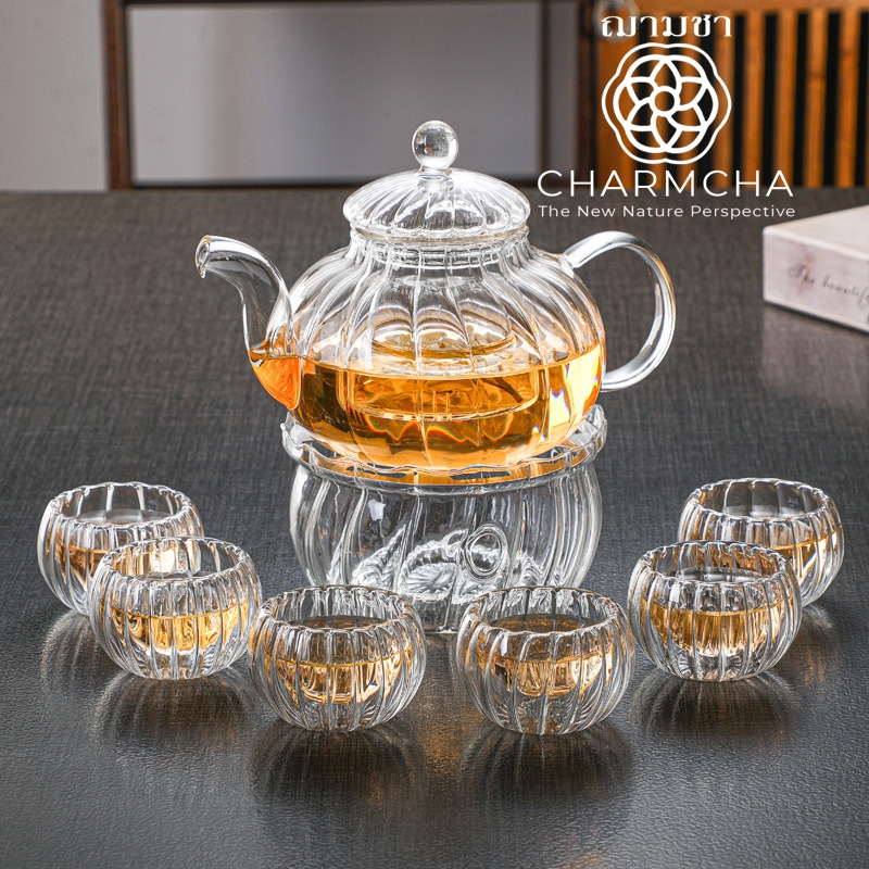 งานแท้100% คัดทุกใบ!! กาน้ำชาลายฟักทอง600ml+ทีกรองชา+แก้ว+เตา+เทียน+กา ถูกสุด! ชุด ของขวัญ ชาดอกไม้ กาชา ฌามชา charmcha