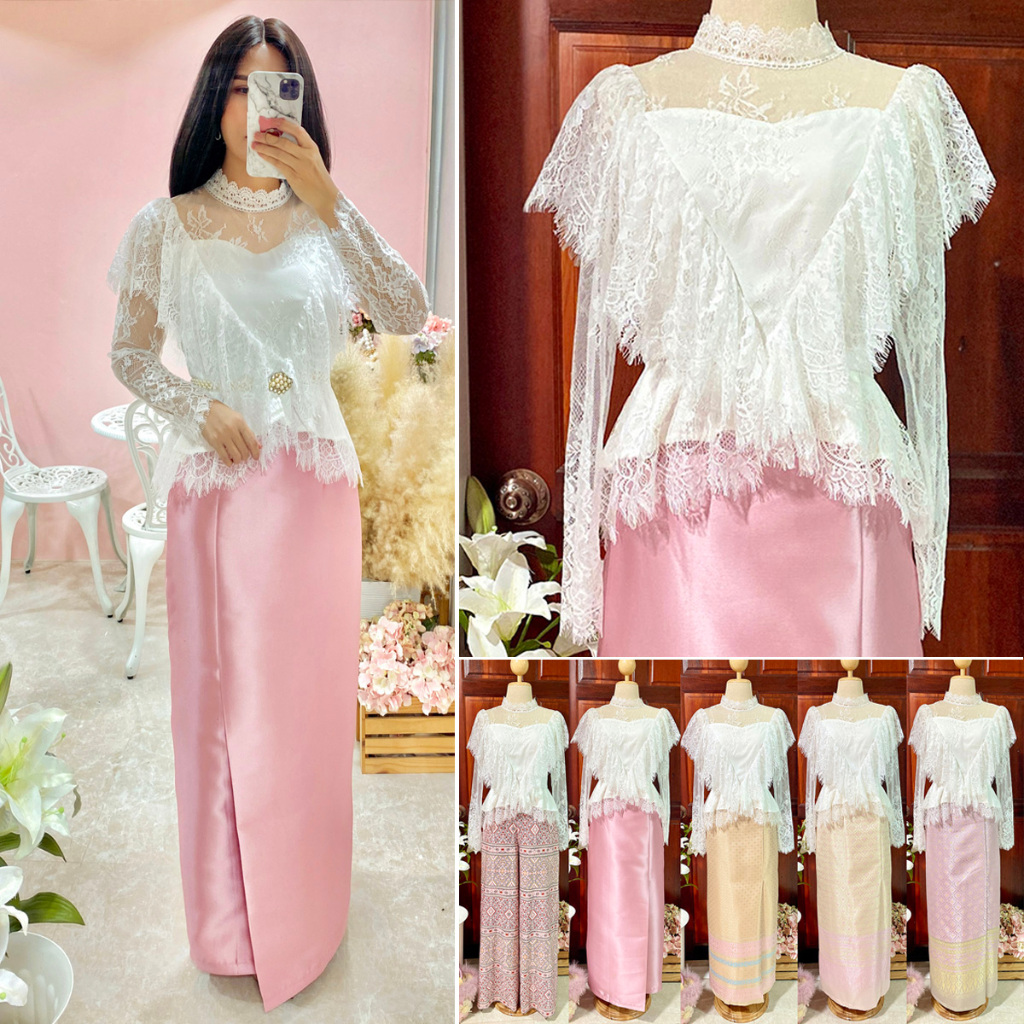 ชุดไทยประยุกต์ เสื้อลูกไม้สีขาว แขนยาว แต่งระบาย V+ผ้าถุง/กางเกง S-XXL ชุดใส่ไปงานแต่ง,บวช,ใส่ทำบุญ