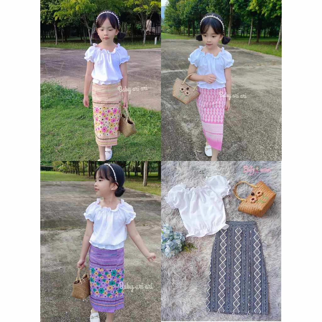 ชุดไทยเด็กผู้หญิง ผ้าถุงเด็กสำเร็จรูป ยางยืดสม๊อคหลัง