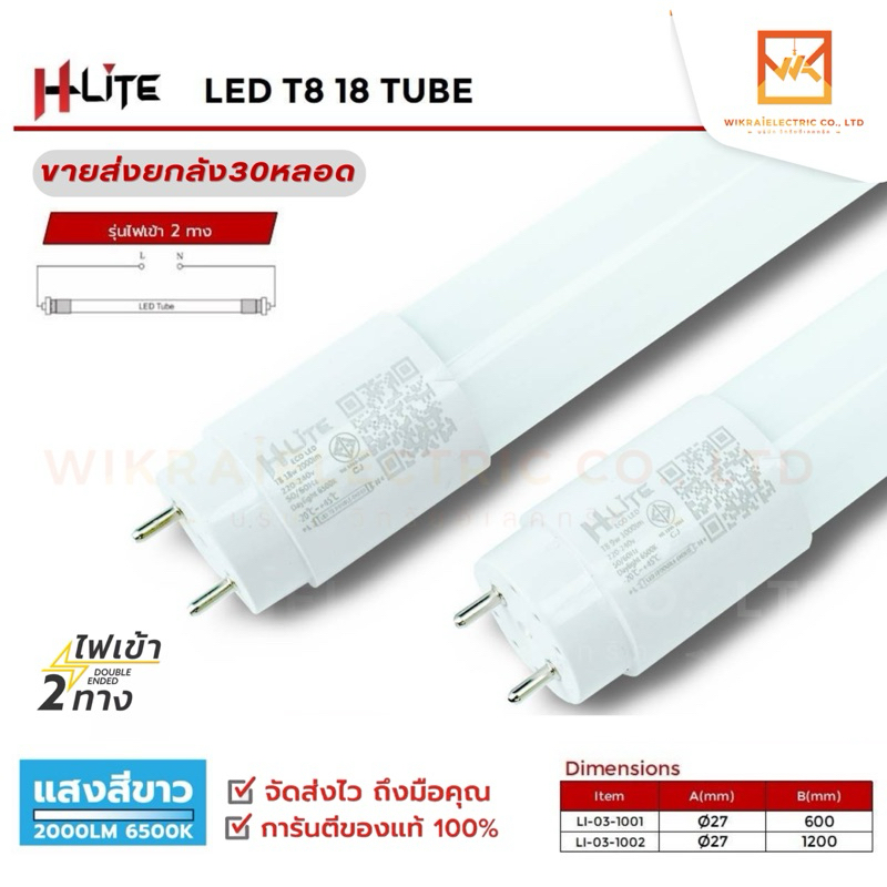 (ขายส่งยกลัง30หลอด)HLite หลอดนีออน LED T8 9W และ 18W ไฟเข้าสองทาง แสงขาว รุ่น ECO หลอดไฟราคาถูก มีรั