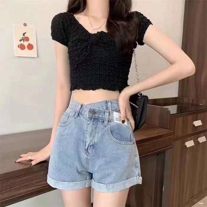 MEILA_shopพร้อมส่งกางเกงยีนส์ขาสั้นเอวสูงสไตล์เกาหลี JS04