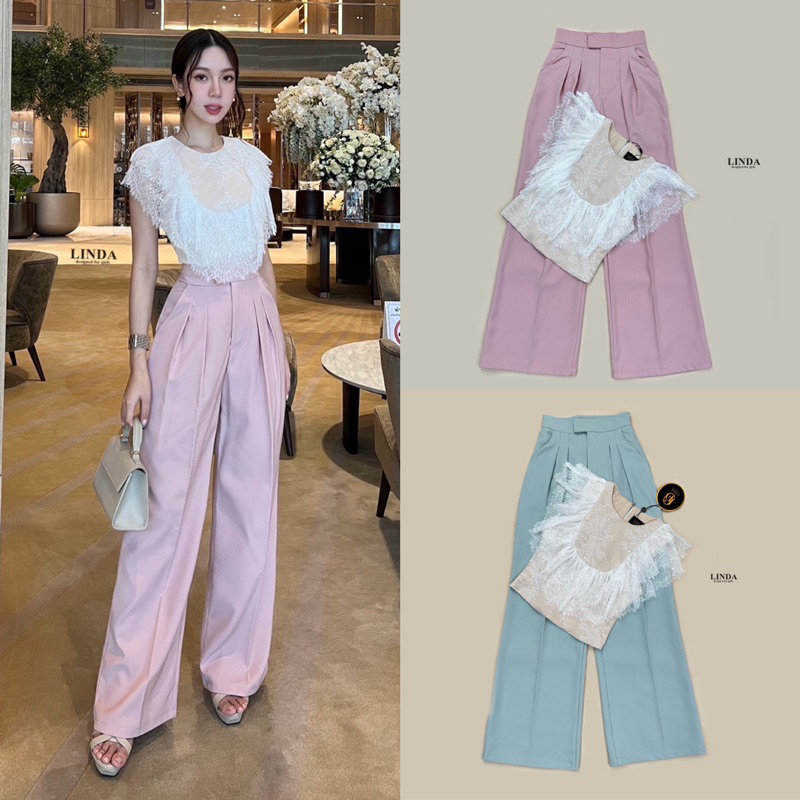 เซ็ตเสื้อลูกไม้สีขาวพร้อมกางเกงขายาวป้ายLinda
