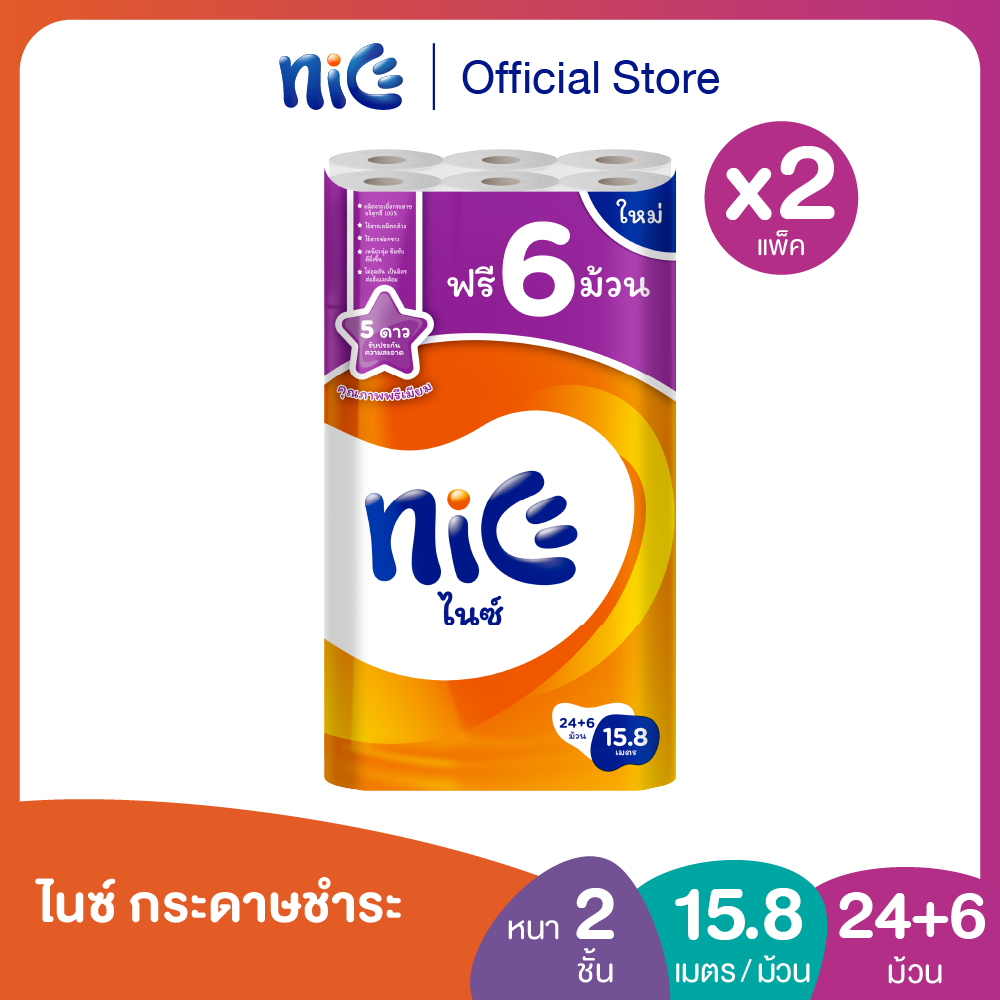 (2แพ็ค 60ม้วน) Nice ไนซ์ กระดาษชำระ ขนาด 24+6ม้วน (15.8ม./ม้วน) (ทิชชู่ กระดาษทิชชู่ ทิชชู่ม้วนใหญ่) X 2