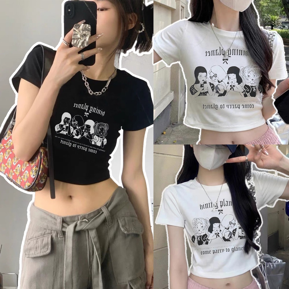 cherryshop เสื้อยืดผู้หญิง คอกลมพิมพ์ลายเสื้อครอปขาว ครอปสาวฮอตสไตล์เกาหลีสตรีท