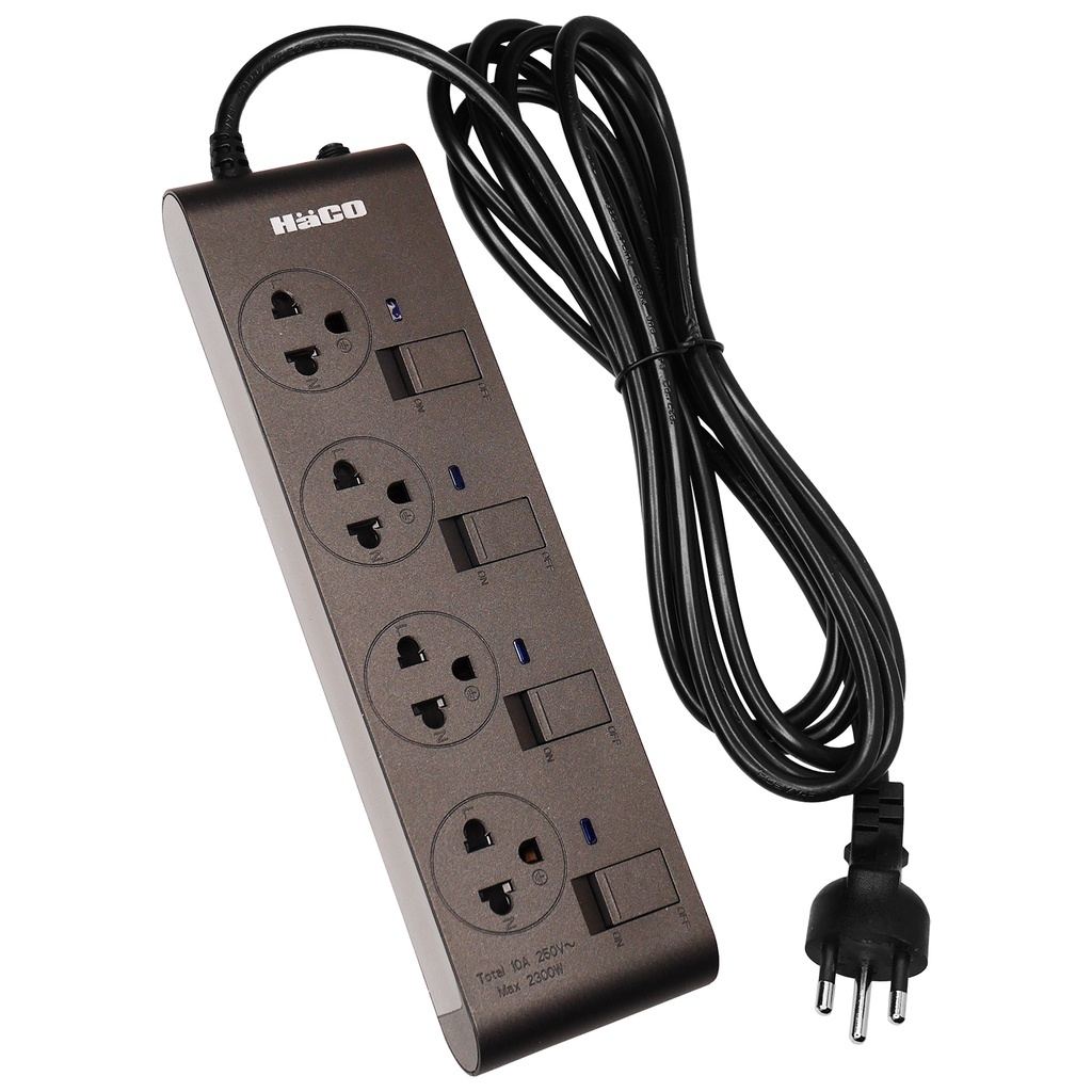 HACOรางปลั๊กไฟเต้ารับ 3 ขา 4 ช่อง มีสวิตช์คุมแยก ยาว 3 ม. 10 แอมป์ 2300W EJ-4S4EB/3,EJ-4S4EB/3-CC(สีขาว,สีช็อคโก)