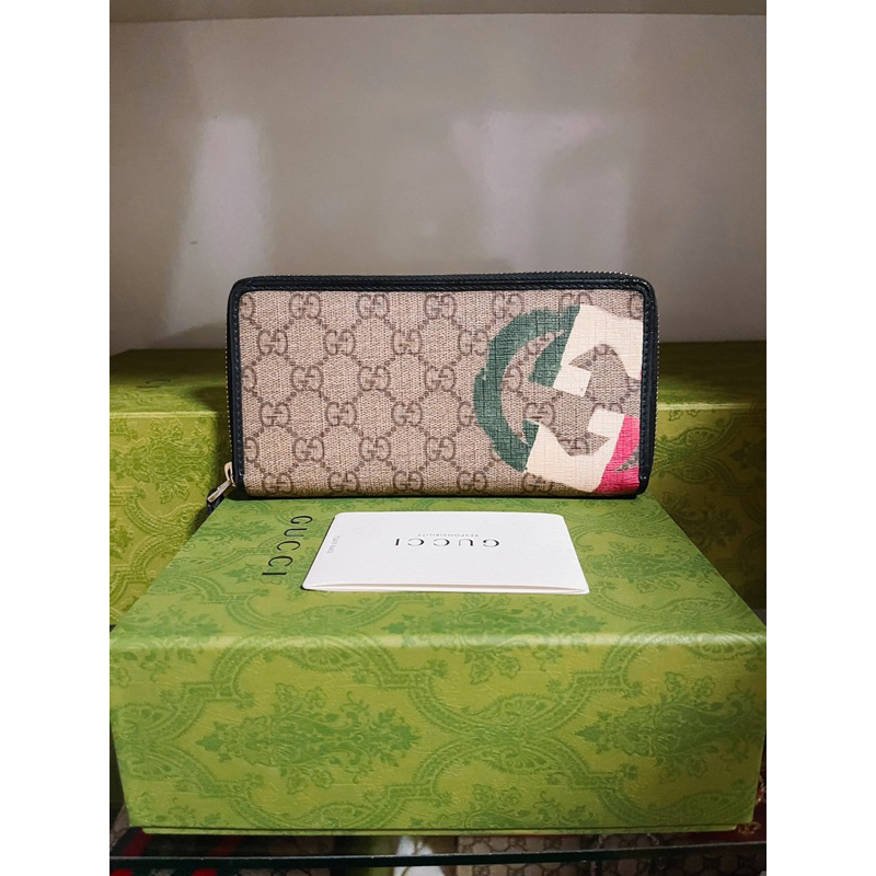 Used In Good Conditions กระเป๋าสตางค์GUCCIแท้มือสอง ปี22 GUCCI Beige Zip Around WALLET In Italy Flag