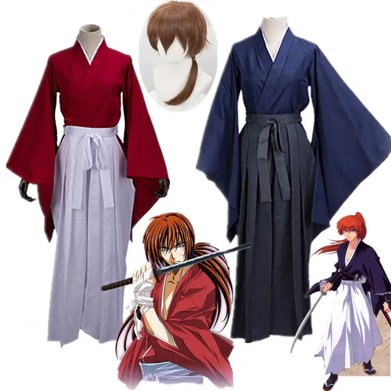 Rurouni Kenshin Himura Kenshin ชุดกิโมโนคอสเพลย์สีแดงสีฟ้าชุดกิโมโนคอสเพลย์ผู้ชาย