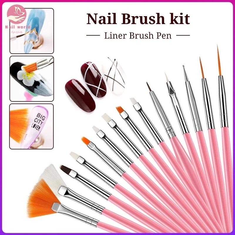 Nail.world พร้อมส่ง แปรงทาสีเล็บ ชุด15ชิ้น (ด้ามสีชมพู) พู่กัน แปรงเพ้นท์เล็บ ที่ทำเล็บเจล