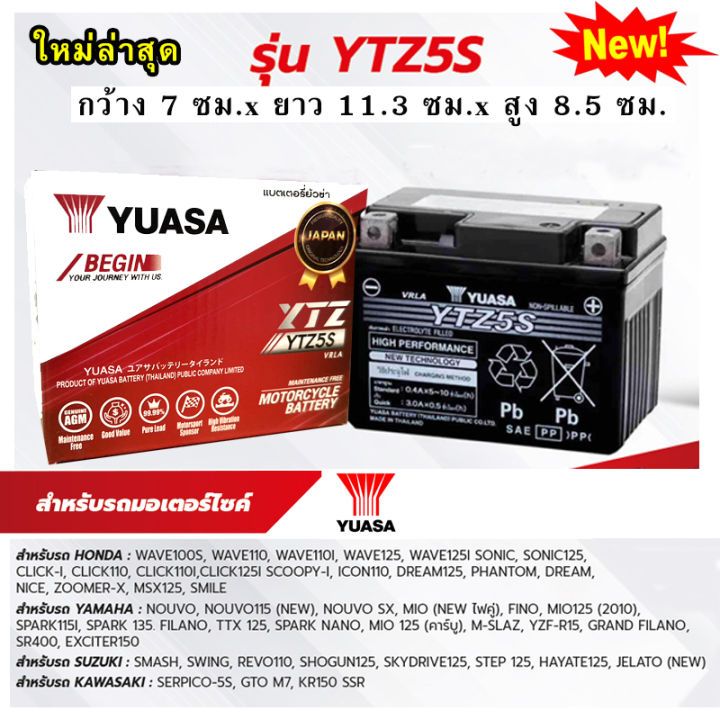 แบตเตอรี่ YUASA YTZ5S 12V 5A New ฉลากใหม่ 2023 แบตเตอรี่มอเตอร์ไซค์ แบตแห้ง wave click110 scoopy zoomer x fino mio