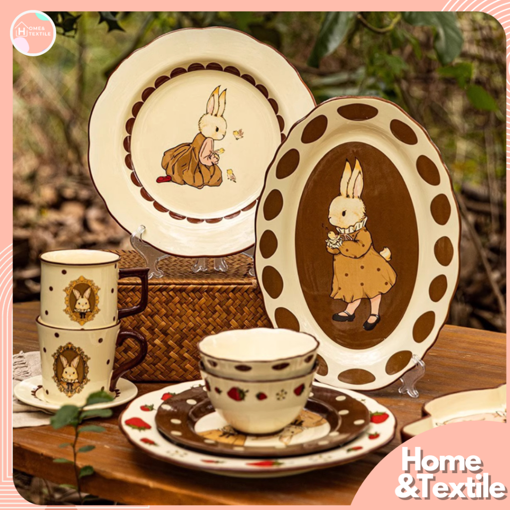 【พร้อมส่ง】จานชามเซรามิค แก้วเซรามิค ลายกระต่าย สุดคิ้วท์ | Rabbit vintage