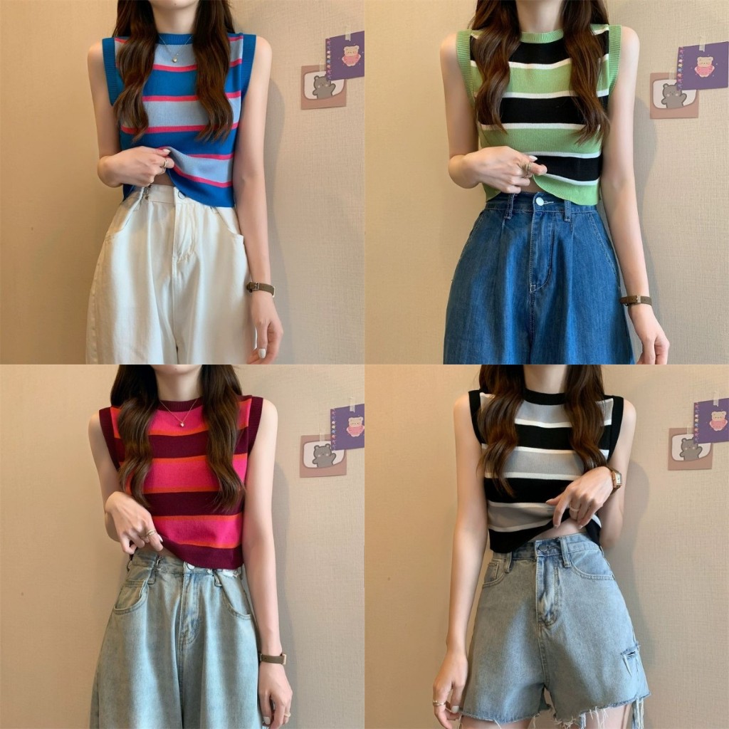 เสื้อแขนกุด เสื้อยืดผู้หญิง คอกลม ลายทาง สวมใส่สบาย #150294