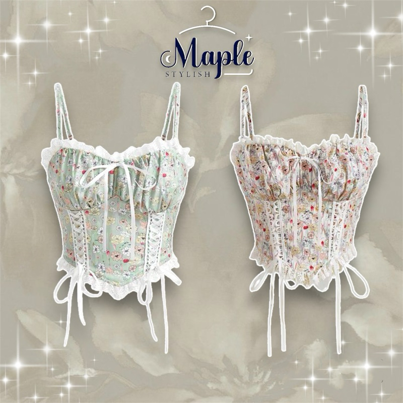 พร้อมส่ง ชมพู มัลติฯ จาก 𝐌𝐚𝐩𝐥𝐞.𝐬𝐭𝐲𝐥𝐞 ~𝑪𝒓𝒐𝒑 𝒇𝒂𝒏𝒄𝒚 𝒍𝒐𝒗𝒆𝒓 𝒇𝒐𝒓𝒆𝒗𝒆𝒓 ~ ครอปท๊อปลายดอกไม้แต่งโบว์สายปรับได้(Preorder)