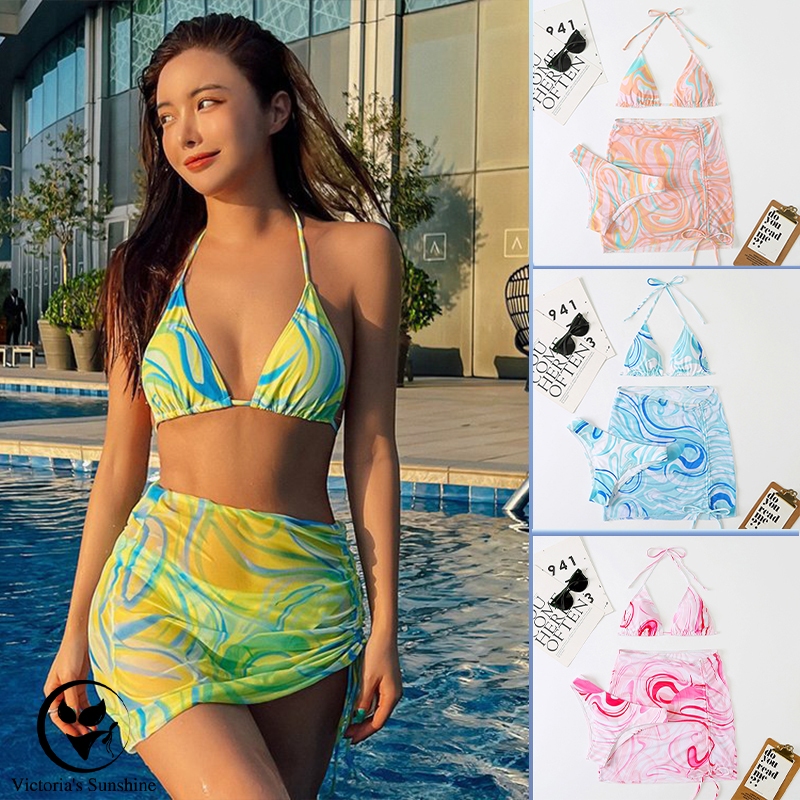 ไลฟ์สดลด50📢ชุดว่ายน้ำ bikini บิกินี่ 3 ชิ้น ผ้าคลุม เซ็กซี่ เอวสูง#0171