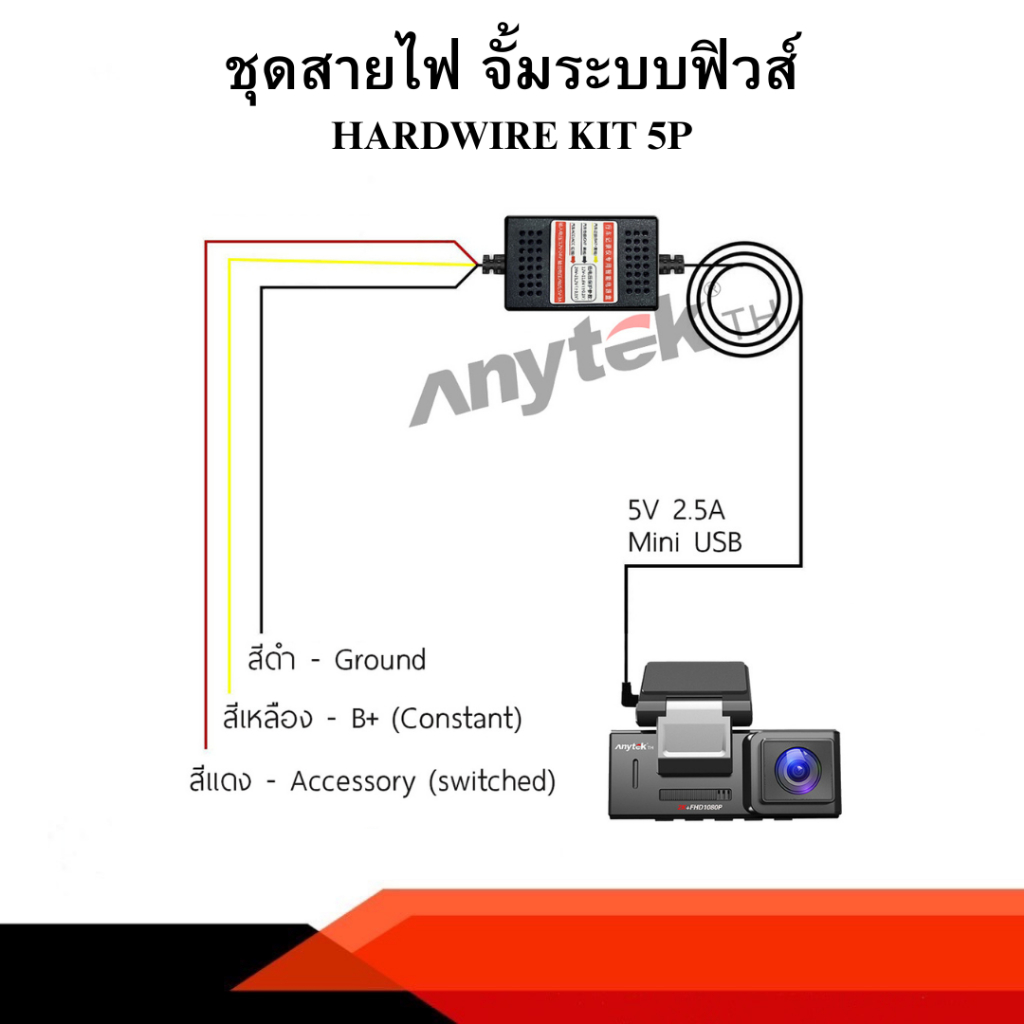สาย Hardwire Kit 5P สำหรับรุ่น ANYTEK  A16 - ANYTEK Q1 ต่อตรงเพื่อใช้  Parking mode (สินค้าใช้ได้เฉพ