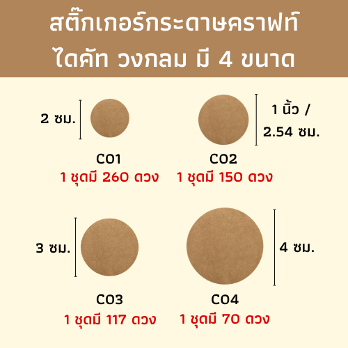 [มี 4 ขนาด] สติ๊กเกอร์กระดาษคราฟท์ไดคัท วงกลม สติ๊กเกอร์สีน้ำตาล สติ๊กเกอร์แปะรูใส่หลอด แปะแก้วน้ำ แปะฝากล่อง กล่องของขว