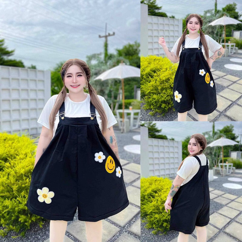 #63(ส่งเร็ว)เอี๊ยมกางเกงขาสั้นทรงหมีแต่งอาร์มยิ้ม+แต่งอาร์มทานตะวัน ไซส์ใหญ่ รอบอก46-52นิ้ว เนื้อผ้าบาร์บี้