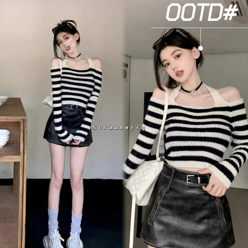 พร้อมส่ง เสื้อไหมพรมปาดไหล่ แขนยาว คล้องคอ กันหนาว ลายทางสีดำ ผ้านิ่มสบายไม่คัน สไตล์เกาหลี เซ็กซี่ สำหรับผู้หญิง