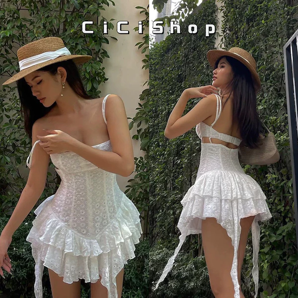 Cicishop(3167)มินิเดรสสายเดี่ยว ผ้าฉลุดอกไม้ ทรงสลิม ดีเทลเว้าหลัง แต่งระบายชาย สไตล์สาวหวานปนเซ็กซี่