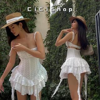 Cicishop(3167)มินิเดรสสายเดี่ยว ผ้าฉลุดอกไม้ ทรงสลิม ดีเทลเว้าหลัง แต่งระบายชาย สไตล์สาวหวานปนเซ็กซี่